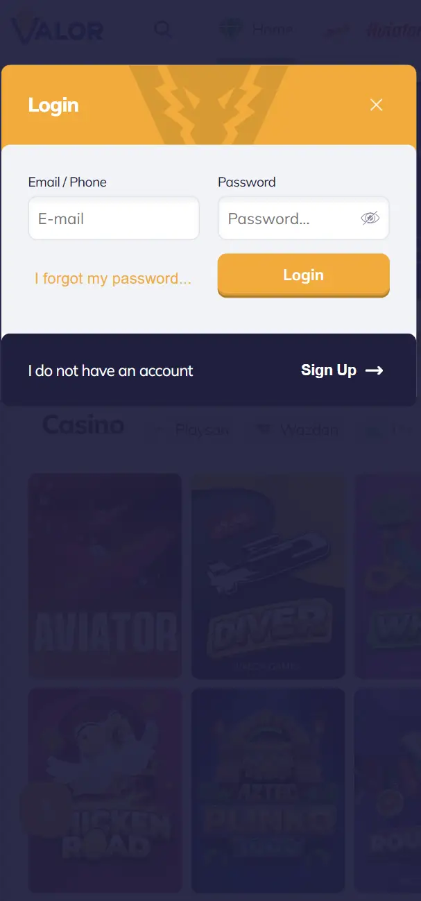 Valor Bet on the go - Mobile login